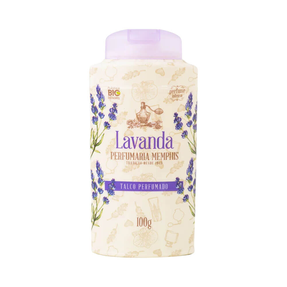 Frasco de talco perfumado Memphis Lavanda 100g com ilustrações de lavanda e tampa lilás